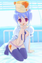 1girl arm_support bisuke-tan blue_thighhighs female_focus flat_chest g_munyo kfc kneeling lingerie negligee nipples no_bra object_on_head open_clothes open_shirt panties red_panties shirt solo striped_clothes striped_panties thigh_gap thighhighs thighs underwear