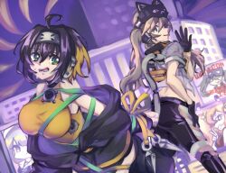 &gt;_&lt; 2girls ahoge arm_behind_back bdsm black_gloves bondage bound breasts brown_eyes brown_hair building duel_monster gloves green_eyes green_ribbon i:p_masquerena ki-sikil_(yu-gi-oh!) large_breasts lil-la_(yu-gi-oh!) live_twin_ki-sikil live_twin_lil-la long_hair looking_back midriff multiple_girls ninja pipu_012 ribbon s-force_rappa_chiyomaru shirt short_hair short_sleeves tongue tongue_out twintails wrist_wrap yellow_ribbon yellow_shirt yu-gi-oh!