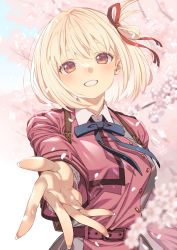 1girl :d black_ribbon blonde_hair blush brown_eyes cherry_blossoms day fingernails grin hair_ribbon highres kink_(tortoiseshell) long_fingernails long_sleeves looking_at_viewer lycoris_recoil neck_ribbon nishikigi_chisato open_mouth outdoors outstretched_arm palms parted_lips red_ribbon ribbon school_uniform short_hair smile solo spring_(season)