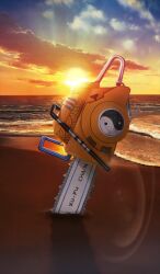 Rule 34 | beach, blue sky, chainsaw, cloud, commentary request, english text, fate/grand order, fate (series), gradient sky, horizon, no humans, ocean, official art, orange sky, outdoors, planted, sand, sky, still life, sun, sunlight, sunset, third-party source, tsuduki neko, water, weapon, weapon focus, yin yang