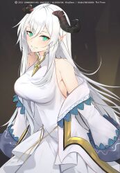 1girl 2021 artist_name bare_shoulders black_horns breasts coat commission dragon_girl dragon_horns dress green_eyes hair_between_eyes highres horns long_hair long_sleeves looking_at_viewer minjiharu off_shoulder original pointy_ears sidelocks sleeveless sleeveless_dress smile solo upper_body white_coat white_dress white_hair