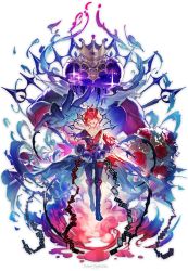 1boy black_gloves card crown flower gloves hair_between_eyes heart highres ink jacket long_sleeves looking_at_viewer male_focus mebaru mini_crown open_mouth overblot red_eyes red_hair riddle_rosehearts rose short_hair solo traditional_media twisted_wonderland