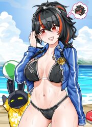 ball bangboo_(zenless_zone_zero) beach beachball bikini black_hair blush breasts cleavage gluteal_fold haruchii_(pulpyharu) highres large_breasts mihoyo multicolored_hair navel ocean police police_badge police_uniform policewoman red_eyes red_hair swimsuit wet wet_bikini wet_clothes wet_swimsuit zenless_zone_zero zhu_yuan