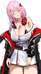 1girl bikini black_bikini black_jacket blue_archive blush breasts closed_eyes eimi_(blue_archive) fingernails haikeiyu hair_ornament halo headphones headphones_around_neck highres huge_breasts jacket long_hair long_sleeves nail_polish open_clothes open_jacket open_mouth pink_hair pink_halo pink_nails red_jacket shirt simple_background single_bare_shoulder skirt sleeping solo swimsuit thighs white_background white_shirt white_skirt zipper_bikini