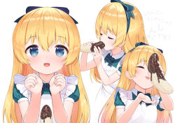 1girl apron banana blonde_hair blue_bow blue_bowtie blue_dress blue_eyes blue_hairband bow bow_hairband bowtie chocolate-covered_food chocolate_banana collared_dress commentary_request dress eating fellatio food food_in_mouth fruit hair_between_eyes hair_bow hairband holding holding_food loli long_hair makigai multiple_views oral original paid_reward_available phallic_symbol puffy_short_sleeves puffy_sleeves sexually_suggestive short_sleeves simulated_fellatio white_apron yuria_(makigai)