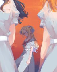 3girls blonde_hair blue_hair blush breast_pocket breasts clenched_hand closed_mouth dress frown gradient_hair hasu_no_sora_school_uniform highres hinoshita_kaho l9525 large_breasts left_out link!_like!_love_live! long_hair looking_at_another looking_at_viewer love_live! medium_dress multicolored_hair multiple_girls murano_sayaka neckerchief orange_hair osawa_rurino parted_bangs pleated_dress pocket puffy_short_sleeves puffy_sleeves red_neckerchief sailor_collar sailor_dress school_uniform shade short_sleeves standing summer_uniform twintails virtual_youtuber white_dress white_sailor_collar
