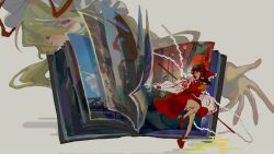 2girls blonde_hair book bow brown_hair detached_sleeves floating floating_book floating_object gohei grey_background guru.zong hakurei_reimu hat highres holding holding_gohei long_hair mob_cap multiple_girls neckerchief open_book purple_eyes red_bow red_shirt red_skirt shirt skirt smile touhou yakumo_yukari yellow_neckerchief