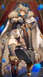 Rule 34 | 1girl, animal ears, armored boots, black leotard, blonde hair, blue hair, blue petals, boots, breasts, butterfly hair ornament, cape, chain, cleavage cutout, clothing cutout, cluseller, colored inner hair, curtains, falling petals, fur-trimmed cape, fur trim, gold trim, hair ornament, hazumi aileen, high heel boots, high heels, highres, indie virtual youtuber, leotard, lion ears, lion girl, lion tail, mole, mole on breast, multicolored hair, petals, skirt, solo, tail, thighhighs, virtual youtuber, white cape, white skirt, yellow eyes