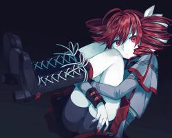 Rule 34 | 1girl, absurdres, ahoge, beekan, belt, bike shorts under skirt, black background, black boots, black sleeve cuffs, boots, bow, drill hair, fetal position, fingernails, grey jacket, grey skirt, hair between eyes, hair bow, hair ribbon, hashtag-only commentary, highres, hugging own legs, jacket, kasane teto, kasane teto (sv), kneehighs, lace-up boots, layered sleeves, long sleeves, looking at viewer, platform boots, red belt, red eyes, red hair, red nails, red skirt, red trim, ribbon, shoelaces, skirt, socks, solo, striped clothes, striped jacket, synthesizer v, twin drills, utau, white bow, white ribbon
