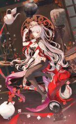 1girl absurdres breasts chinese_commentary cleavage commentary_request dress elbow_gloves gloves high_heels highres honkai_(series) honkai_impact_3rd inixixi large_breasts long_hair official_alternate_costume official_alternate_hairstyle red_eyes sitting solo theresa_apocalypse theresa_apocalypse_(luna_kindred) theresa_apocalypse_(lunar_vow:_crimson_love) theresa_apocalypse_(redolent_in_red) twintails very_long_hair white_dress white_gloves white_hair
