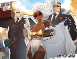 1girl 2boys alternate_costume avengers_(series) bag black_gloves black_jacket black_necktie black_suit black_vest blonde_hair box captain_america cellphone collared_shirt dark-skinned_female dark_skin elbow_gloves english_text formal_clothes gift gift_box gloves handbag highres holding holding_gift holding_jacket holding_phone holding_unworn_clothes jacket lace lace-trimmed_thighhighs lace_trim long_hair marvel marvel_rivals multiple_boys necktie orcbarbies pelvic_curtain phone red_lips round_eyewear see-through_clothes see-through_thighhighs shirt skirt smartphone steve_rogers storm_(x-men) suit sunglasses tank_top thighhighs thor_(marvel) unworn_jacket very_dark_skin vest white_gloves white_hair white_jacket white_shirt white_skirt x-men