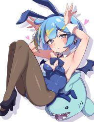 1girl absurdres animal_ear_hairband animal_ears black_pantyhose blue_bow blue_bowtie blue_hair blue_leotard bow bowtie breasts demon_wings detached_collar fake_animal_ears hairband high_heels highres leotard lil-la_(yu-gi-oh!) live_twin_lil-la live_twin_lil-la_sweet medium_breasts mujin_(mujinzairaisen) open_mouth pantyhose playboy_bunny rabbit_ear_hairband rabbit_ears rabbit_pose short_hair solo strapless strapless_leotard white_background wings wrist_cuffs yu-gi-oh!