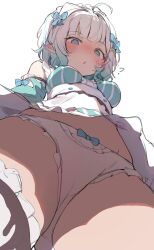 1girl ? ahoge apron aqua_dress aqua_eyes aqua_hair blush bow bow_panties cameltoe detached_sleeves dress from_below gradient_hair hair_ribbon highres indie_virtual_youtuber looking_down mint_fantome multicolored_hair orobou panties pointy_ears ribbon short_hair solo striped_clothes underwear upskirt vertical-striped_clothes virtual_youtuber white_apron white_panties