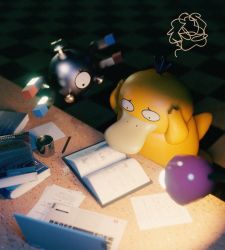 blurry book commentary computer eyelashes gen_1_pokemon hands_on_own_head highres laptop looking_down louie_zong magnemite nintendo no_humans paper pencil pokemon pokemon_(creature) psyduck reading squiggle