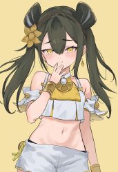 Rule 34 | 1girl, absurdres, aged down, bare shoulders, black hair, blush, breasts, closed mouth, double bun, duel monster, earrings, hair between eyes, hair bun, hairband, highres, japanese clothes, jewelry, long hair, looking at viewer, medium breasts, midriff, navel, nbee ya, nontraditional miko, official alternate costume, official alternate hairstyle, ohime the manifested mikanko, simple background, smile, solo, stomach, twintails, yellow background, yellow eyes, yu-gi-oh!