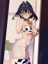 abs animal_print bikini blue_eyes blue_hair breasts choker cow_print cow_print_bikini cowbell eyepatch_bikini fruithead highres hololive hololive_english large_breasts ouro_kronii print_bikini swimsuit thighhighs toned toned_belly toned_female toned_stomach virtual_youtuber