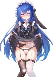 1girl absurdres asymmetrical_legwear black_dress black_thighhighs blue_eyes blue_hair blush breasts chinese_commentary closed_mouth clothes_lift commentary_request dress dress_lift feet_out_of_frame garter_belt gluteal_fold highres juliet_sleeves large_breasts lifting_own_clothes long_hair long_sleeves looking_at_viewer maid maid_headdress mismatched_legwear mismatched_thighhighs navel nose_blush original panties puffy_sleeves qian_hen simple_background smile solo thighhighs torn_clothes torn_dress underwear variant_set very_long_hair white_background white_panties white_thighhighs