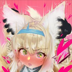 1girl 1other animal_ear_fluff animal_ears arknights blonde_hair blue_hairband blush doctor_(arknights) extra_ears fox_ears fox_girl fox_tail green_eyes hairband heart hige_qr highres infection_monitor_(arknights) kitsune kyuubi multiple_tails nose_blush open_mouth suzuran_(arknights) tail