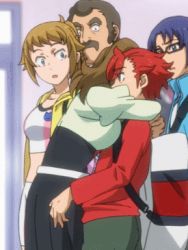 10s 2girls 3boys animated animated_gif brown_eyes brown_hair gundam gundam_build_fighters gundam_build_fighters_try hoshino_fumina kamiki_sekai kousaka_yuuma lowres multiple_boys multiple_girls ramba_ral red_eyes red_hair sazaki_kaoruko sexually_suggestive sunrise_(company)