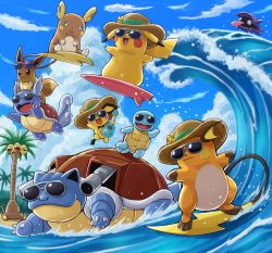 :3 alolan_exeggutor alolan_form alolan_raichu beach blastoise blue_sky blue_theme clothed_pokemon cloud creatures_(company) dancing day eevee eyewear_on_head game_freak gen_1_pokemon gen_2_pokemon gen_7_pokemon hat instrument midair music nintendo no_humans open_mouth outdoors palm_tree pichu pikachu playing_instrument pokemoa pokemon pokemon_(creature) pokemon_go raichu riding riding_pokemon shellder sitting sky smile squirtle straw_hat sun_hat surfboard surfing tree ukulele ukulele_pichu wartortle water waves
