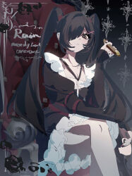 1girl :&lt; absurdres ame-chan_(needy_girl_overdose) black_dress black_eyes black_hair black_nails chain cigar commentary dress hair_ornament hair_over_one_eye highres holding holding_cigar junpaku_karen long_hair long_sleeves looking_at_viewer multicolored_nails nail_polish needy_girl_overdose pussy_juice red_nails solo twintails x_hair_ornament