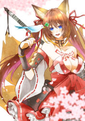 Rule 34 | 1girl, :d, animal ear fluff, animal ears, bare shoulders, bird, bird on hand, blue eyes, breasts, brown hair, caleen keemosn, cleavage, clover, detached sleeves, female focus, four-leaf clover, fox ears, fox girl, fox tail, hair ornament, hair ribbon, highres, holding, japanese clothes, kimono, large breasts, long hair, looking at viewer, multiple tails, nail polish, open mouth, ponyo soa, ribbon, runes, smile, solo, star ocean, star ocean anamnesis, tail, tattoo, traditional clothes, twintails, very long hair, weapon, wide sleeves