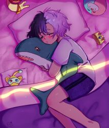 1girl absurdres alternate_costume androgynous animal black_hair blanket blush chromashift clothed_animal commentary crown eyelashes highres holding holding_stuffed_toy ikea_shark lucinda_grey lying multicolored_hair nintendo on_bed on_side pikmin_(series) pillow purple_hair purple_shorts scarf shirt short_hair short_sleeves shorts skrunkly_(rin_penrose) sleep_mask sleeping snail snebby_(rin_penrose) split-color_hair stuffed_animal stuffed_shark stuffed_toy two-tone_hair unworn_crown virtual_youtuber white_shirt yellow_pikmin yellow_scarf