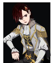 1boy black_background black_pants curtis_glayder disgust hair_ornament highres jacket male_focus medium_hair open_clothes open_jacket open_mouth pants red_eyes sitting solo the_beginning_after_the_end tongue white_background white_jacket