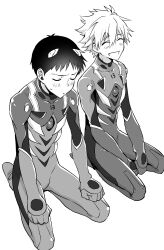 2boys ^_^ bodysuit closed_eyes d-class_personnel greyscale highres ikari_shinji interface_headset_(evangelion) male_focus mecha_pilot_suit monochrome multiple_boys nagisa_kaworu neon_genesis_evangelion open_mouth plugsuit_(evangelion) seiza sitting smile sweatdrop