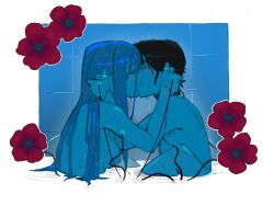 Rule 34 | 2girls, alien stage, black hair, breasts, closed eyes, commentary, english commentary, flower, hand on another&#039;s head, highres, kiss, l0yoke, long hair, mizi (alien stage), multiple girls, nude, pink hair, red flower, short hair, sua (alien stage), tile wall, tiles, yuri
