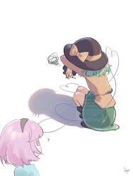 2girls ? black_boots black_hairband black_hat blue_shirt boots cat_shadow_puppet_(meme) double_w frilled_sleeves frills green_hair green_skirt hairband hat hat_ribbon heart heart_of_string highres komeiji_koishi komeiji_satori kopi_(user_ajtn7422) meme middle_w multiple_girls pink_eyes pink_hair ribbon shadow shadow_puppet shirt siblings skirt squatting touhou w yellow_ribbon yellow_shirt