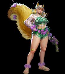 1girl 3d absurdres bandaid bikini blonde_hair breasts female_focus freckles full_body green_eyes hand_on_own_hip highres large_breasts looking_at_viewer marvel marvel_rivals medium_hair midriff official_art sandals solo squirrel squirrel_girl_(marvel) swimsuit thick_thighs thighs toes