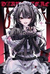 1girl 402_(o0_xxx) apron bandaid bandaid_on_finger baseball_bat bat_wings belt black_belt black_bow black_collar black_gemstone black_hair black_horns black_wings bow chain collar cross detached_sleeves dress eyelashes fingernails gem headdress heart heart-shaped_pupils highres horns long_hair long_sleeves looking_at_viewer maid maid_apron maid_headdress multiple_belts nail nail_(hardware) nail_bat nail_polish noose original piercing red_gemstone red_nails ringed_eyes sidelocks solo sparkle symbol-shaped_pupils tongue tongue_out tongue_piercing two_side_up weapon white_apron white_headdress wings