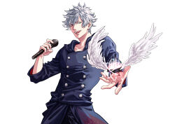 Rule 34 | 1boy, absurdres, black shirt, collarbone, eyelashes, grey hair, heterochromia, highres, holding, holding microphone, kurosaki ranmaru, kuzen, long sleeves, looking at viewer, male focus, microphone, open mouth, shirt, short hair, simple background, solo, teeth, upper body, upper teeth only, uta no prince-sama, white background, white hair, wings