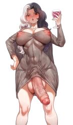 1futa absurdres alcohol black_dress black_hair blush breasts bulge commission covered_navel cum cumdrip cup dress drinking_glass drunk erection erection_under_clothes from_below futanari goddess_of_victory:_nikke hand_on_own_hip highres holding holding_cup huge_penis large_areolae large_breasts large_testicles long_hair looking_at_viewer looking_down multicolored_hair nipples ohthicc panties penis puffy_nipples red_eyes rosanna_(nikke) see-through_clothes see-through_dress simple_background solo testicles two-tone_hair underwear veins veiny_penis white_background white_hair white_panties wine wine_glass