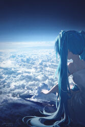 1girl absurdres alternate_costume aqua_hair blue_sky chinese_commentary cloud cloudy_sky commentary_request dated day dress facing_away gradient_sky hatsune_miku highres jimoki long_hair outdoors pointing pointing_down scenery signature sky sleeveless sleeveless_dress solo spaghetti_strap squatting twintails very_long_hair vocaloid white_dress