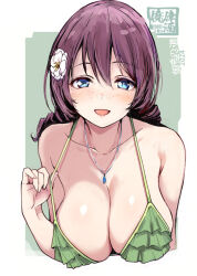 1girl bikini blue_eyes breasts cleavage collarbone dated emma_verde flower freckles frilled_bikini frills gengoroh green_bikini hair_flower hair_ornament highres jewelry large_breasts looking_at_viewer love_live! love_live!_nijigasaki_high_school_idol_club necklace open_mouth purple_hair ruffle_bikini smile solo swimsuit upper_body white_flower