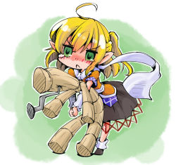 1girl :c ahoge arm_warmers blonde_hair blush female_focus green_eyes hugging_doll hugging_object impaled mizuhashi_parsee nail_(hardware) oversized_clothes pointy_ears sash scarf shinapuu shirt skirt solo straw_doll tears touhou voodoo_doll