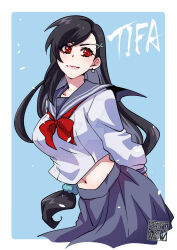 1girl alternate_costume arms_behind_back black_hair blue_background border character_name earrings final_fantasy final_fantasy_vii grey_sailor_collar grey_skirt hair_ornament highres jewelry long_hair looking_at_viewer low-tied_long_hair midriff_peek navel neckerchief outside_border red_eyes red_neckerchief sailor_collar school_uniform serafuku shikiwo shirt simple_background skirt solo tifa_lockhart white_border white_shirt x_hair_ornament
