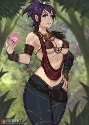 1girl animification artist_name bikini bikini_under_clothes black_hair breasts brown_eyes detached_sleeves dragon_age fingerless_gloves forest gloves hand_on_own_hip jewelry large_breasts looking_at_viewer magic morrigan_(dragon_age) nature necklace outdoors redjet short_hair single_detached_sleeve single_fingerless_glove solo standing swimsuit watermark web_address