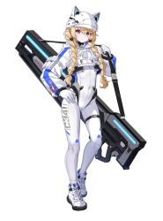 1girl :&lt; alpha_transparency animal_ears_helmet animal_helmet arm_pouch blonde_hair bodysuit braid buckle carrying cat_hair_ornament cat_helmet commentary counter:side covered_navel cropped_jacket energy_gun english_commentary felicette_(counter:side) full_body gloves hair_between_eyes hair_ornament hand_on_own_hip helmet highres hood hood_down hooded_jacket jacket long_hair long_sleeves looking_at_viewer official_art patch pouch purple_eyes shoes simple_background snap-fit_buckle sneakers solo standing tachi-e thigh_pouch thigh_strap transparent_background twin_braids weapon white_bodysuit white_gloves white_helmet white_jacket white_shoes