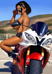 1girl arung_samudra_(cessa) black_footwear black_hair black_nails black_shorts blue_sky bracelet breasts cessa convenient_censoring dark-skinned_female dark_skin day ear_piercing fence full_body green_eyes hand_up hill jewelry large_breasts looking_at_viewer motor_vehicle motorcycle ombok_diving_and_delivery_services outdoors parking_lot piercing shadow short_hair shorts sky solo sunglasses topless_female