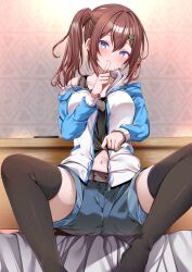 1girl absurdres bed bed_sheet belt black_hair black_shirt blue_eyes blue_jacket blue_shorts blush brown_hair clothes_lift commentary_request denim denim_shorts finger_to_mouth haduki_makoto hair_ornament highres index_finger_raised indie_virtual_youtuber indoors jacket lifting_own_clothes long_hair looking_at_viewer multicolored_jacket navel origami_aya shirt shirt_lift shorts side_ponytail sidelocks sitting solo spread_legs two-tone_jacket virtual_youtuber white_jacket x_hair_ornament