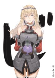 Rule 34 | 1girl, absurdres, anchor choker, atodashi, bare shoulders, bismarck (kancolle), bismarck drei (kancolle), black panties, blonde hair, blue eyes, blush, breasts, brown gloves, closed mouth, detached sleeves, front slit, gloves, grey shirt, hair between eyes, headband, highres, holding, holding plant, kantai collection, large breasts, long hair, looking at viewer, no pants, panties, plant, shirt, simple background, smile, solo, twitter username, underwear, white background