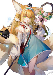 1girl absurdres animal_ears arknights asona black_cat blonde_hair blue_hairband cardigan cat commentary feet_out_of_frame fox_ears fox_girl fox_tail frilled_hairband frilled_skirt frills green_eyes green_skirt hair_down hairband heixiu high-waist_skirt highres holding holding_staff long_hair looking_at_viewer luo_xiaohei luo_xiaohei_(cat) luo_xiaohei_zhanji making-of_available official_alternate_costume open_cardigan open_clothes open_mouth shirt simple_background skirt solo staff standing suzuran_(arknights) suzuran_(spring_praise)_(arknights) tail white_background white_cardigan white_shirt