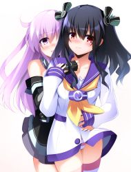 2girls :d black_dress black_gloves black_hair blush choujigen_game_neptune closed_mouth collarbone cosplay costume_switch cowboy_shot detached_sleeves doria_(p_f_dolia) dress embarrassed fingerless_gloves frown gloves hair_ribbon highres jacket long_hair long_sleeves looking_at_viewer multiple_girls neckerchief nepgear nepgear_(cosplay) neptune_(series) no_pants nose_blush open_mouth panties pantyshot pink_hair pink_legwear pink_panties purple_eyes purple_sailor_collar red_eyes ribbon sailor_collar sidelocks simple_background sleeves_past_wrists smile standing striped_clothes striped_legwear striped_panties striped_thighhighs thighhighs underwear uni_(neptunia) uni_(neptunia)_(cosplay) very_long_hair wavy_mouth white_background white_jacket yellow_neckerchief