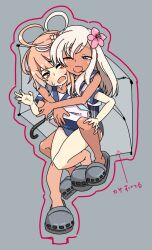 ahoge alakoala blonde_hair blue_one-piece_swimsuit blue_sailor_collar commentary_request crocs dark-skinned_female dark_skin flower full_body grey_background grey_shoes hair_flower hair_ornament hug hug_from_behind i-58_(kancolle) kantai_collection long_hair one-piece_swimsuit one_eye_closed pink_eyes pink_hair ro-500_(kancolle) sailor_collar sailor_shirt school_swimsuit shirt shoes short_hair sleeveless sleeveless_shirt swimsuit swimsuit_under_clothes translation_request umbrella white_shirt