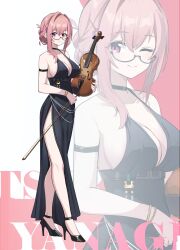 1girl absurdres alternate_costume ankle_strap bare_arms black_dress black_shoes bracelet breasts cleavage closed_mouth collarbone dress earrings full_body glasses hair_between_eyes high_heels highres inapple instrument jewelry large_breasts long_hair looking_at_viewer pink_eyes pink_hair shoes sidelocks smile solo standing tsukishiro_yanagi violin zenless_zone_zero zoom_layer