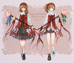 2girls airi_(ragnarok_online) aruna_(ragnarok_online) bad_id black_shoes black_shorts black_skirt brown_hair closed_mouth dated dress full_body hair_over_shoulder happy_birthday holding holding_staff lala_(sputnik) long_hair looking_at_viewer multiple_girls one_side_up poring ragnarok_online red_dress shirt shoes short_hair shorts siblings sisters skirt smile staff standing white_shirt