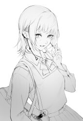 1girl absurdres bag chainsaw_man character_doll collared_shirt doll dress earrings fami_(chainsaw_man) famine_devil_(chainsaw_man) fourth_east_high_school_uniform greyscale grin highres ivdimension jewelry long_sleeves looking_at_viewer medium_hair mole mole_under_eye mole_under_mouth monochrome multiple_moles pinafore_dress ringed_eyes school_bag school_uniform shirt sleeveless sleeveless_dress smile teeth